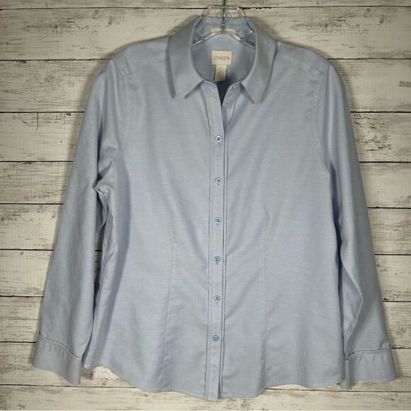 Chico’s No Iron Cotton Oxford Blue Classic Button Down Blouse O/ Small - Picture 2 of 10